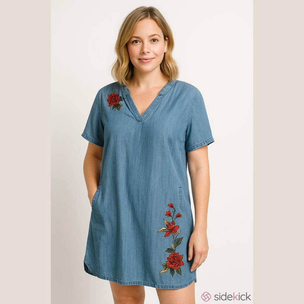 💋3/$30 Dec Blue Dress with Red Floral Embroidery